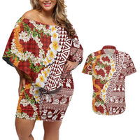 Hawaiian Plumeria Lei Couples Matching Off Shoulder Short Dress and Hawaiian Shirt Kakau Motifs and Palaka Half Style Red Color - Polynesian Pride