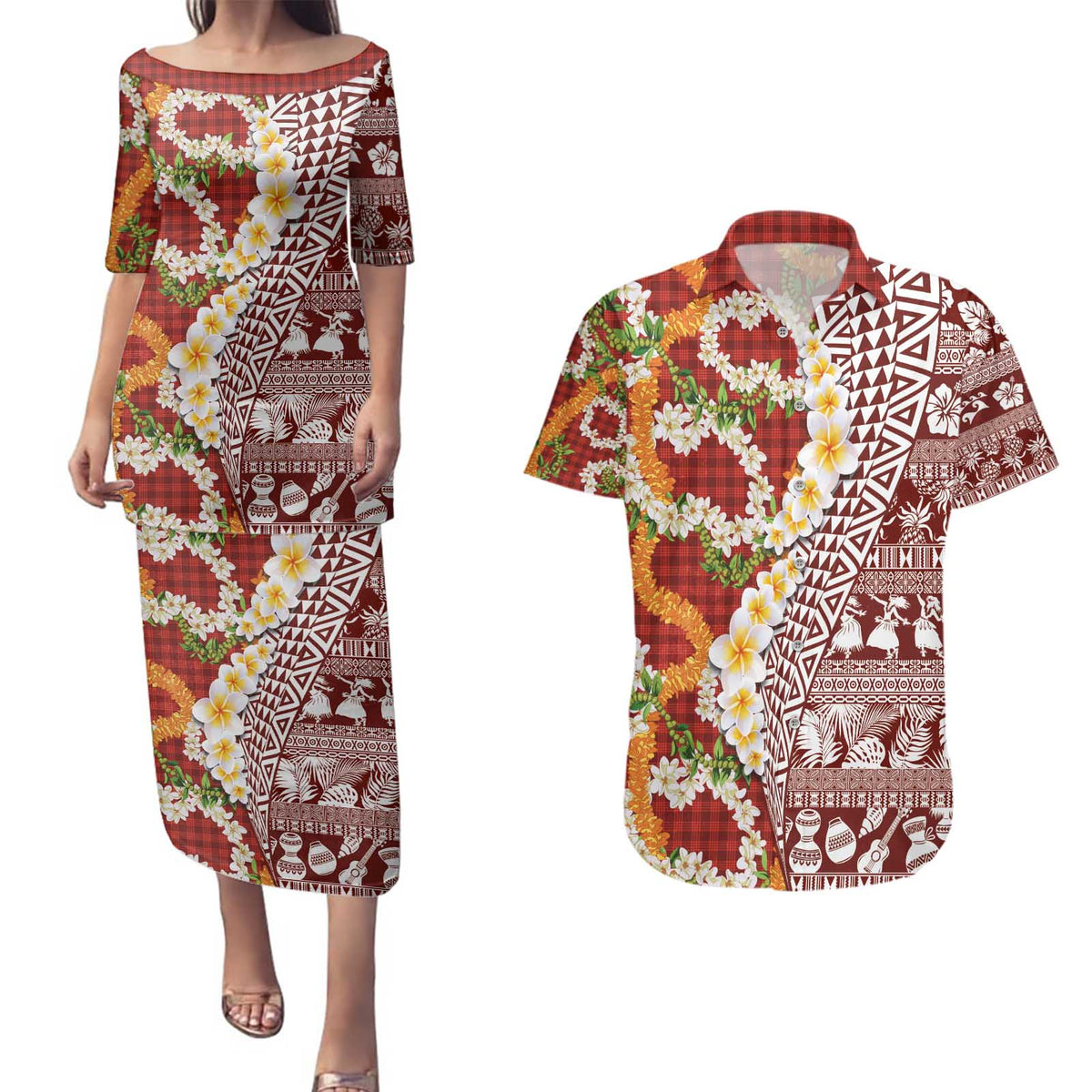 Hawaiian Plumeria Lei Couples Matching Puletasi and Hawaiian Shirt Kakau Motifs and Palaka Half Style Red Color - Polynesian Pride