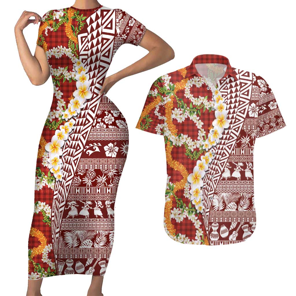 Hawaiian Plumeria Lei Couples Matching Short Sleeve Bodycon Dress and Hawaiian Shirt Kakau Motifs and Palaka Half Style Red Color - Polynesian Pride