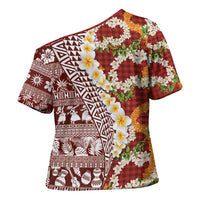 Hawaiian Plumeria Lei Cross Shoulder Shirt Kakau Motifs and Palaka Half Style Red Color - Polynesian Pride