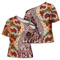 Hawaiian Plumeria Lei Cross Shoulder Shirt Kakau Motifs and Palaka Half Style Red Color - Polynesian Pride