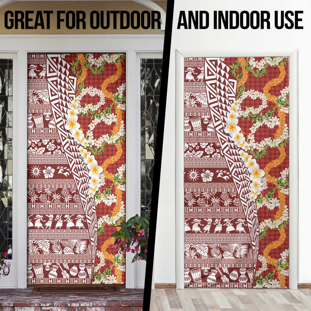 Hawaiian Plumeria Lei Door Cover Kakau Motifs and Palaka Half Style Red Color - Polynesian Pride