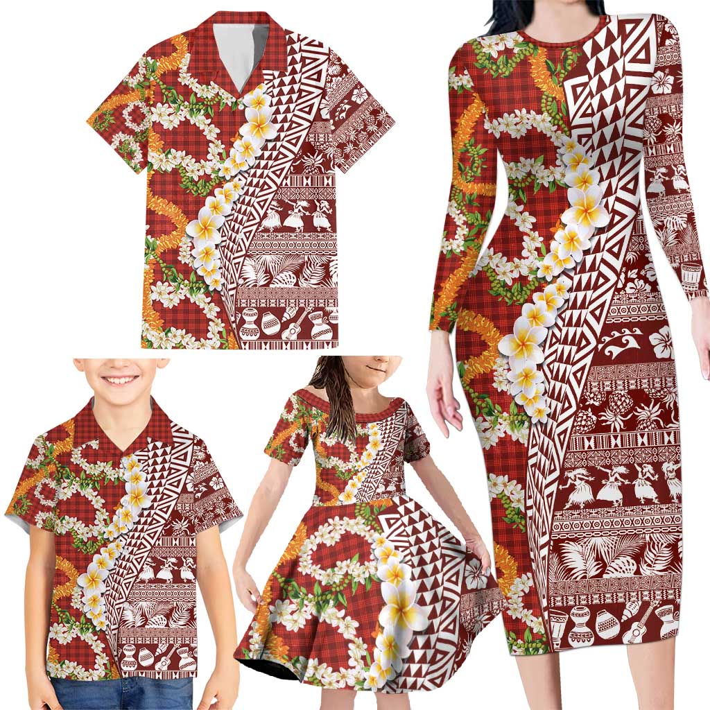 Hawaiian Plumeria Lei Family Matching Long Sleeve Bodycon Dress and Hawaiian Shirt Kakau Motifs and Palaka Half Style Red Color - Polynesian Pride