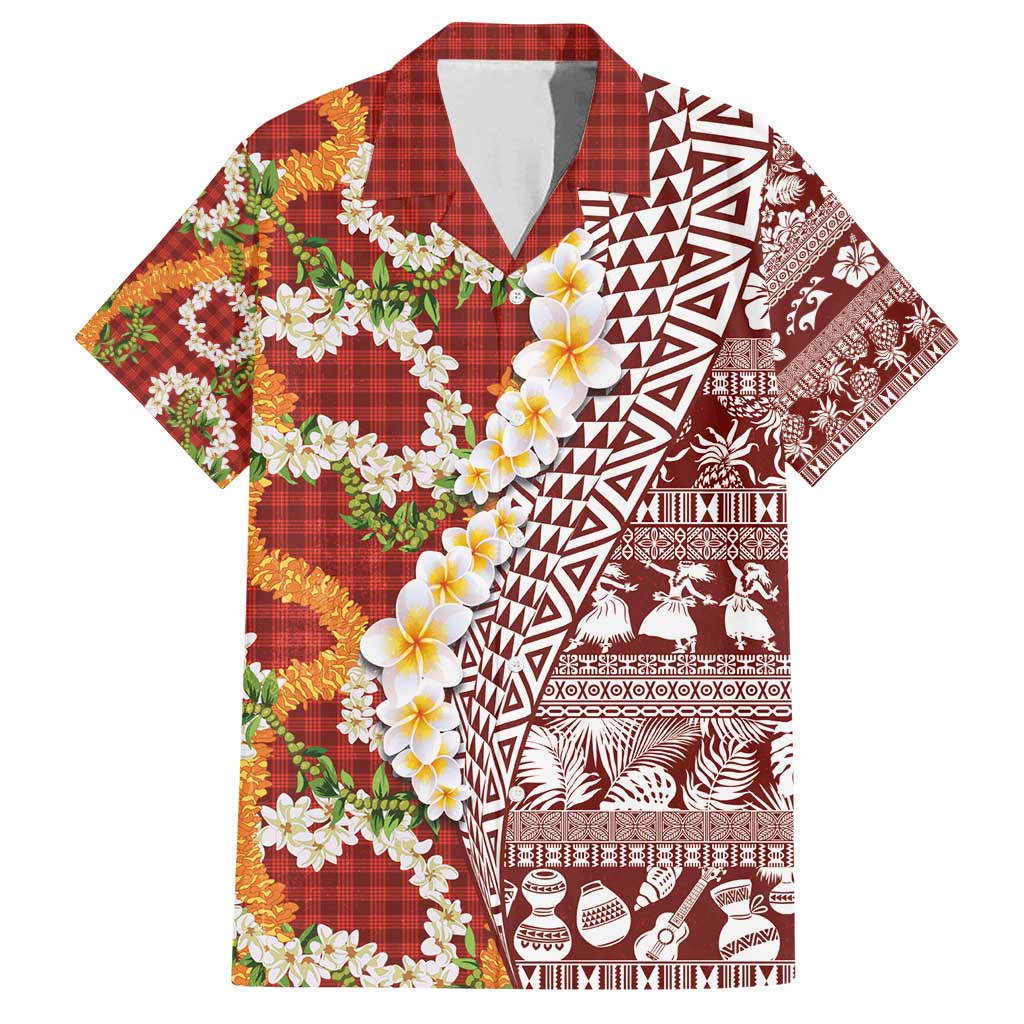 Hawaiian Plumeria Lei Family Matching Long Sleeve Bodycon Dress and Hawaiian Shirt Kakau Motifs and Palaka Half Style Red Color - Polynesian Pride