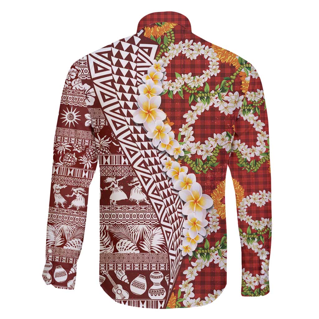 Hawaiian Plumeria Lei Family Matching Long Sleeve Bodycon Dress and Hawaiian Shirt Kakau Motifs and Palaka Half Style Red Color - Polynesian Pride