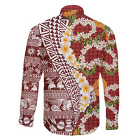 Hawaiian Plumeria Lei Family Matching Long Sleeve Bodycon Dress and Hawaiian Shirt Kakau Motifs and Palaka Half Style Red Color - Polynesian Pride