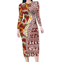 Hawaiian Plumeria Lei Family Matching Long Sleeve Bodycon Dress and Hawaiian Shirt Kakau Motifs and Palaka Half Style Red Color - Polynesian Pride