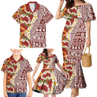 Hawaiian Plumeria Lei Family Matching Mermaid Dress and Hawaiian Shirt Kakau Motifs and Palaka Half Style Red Color - Polynesian Pride