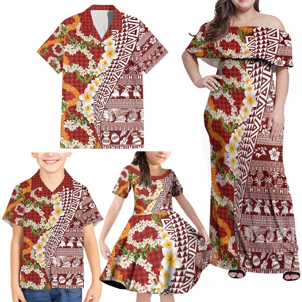 Hawaiian Plumeria Lei Family Matching Off Shoulder Maxi Dress and Hawaiian Shirt Kakau Motifs and Palaka Half Style Red Color - Polynesian Pride