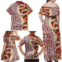 Hawaiian Plumeria Lei Family Matching Off Shoulder Maxi Dress and Hawaiian Shirt Kakau Motifs and Palaka Half Style Red Color - Polynesian Pride
