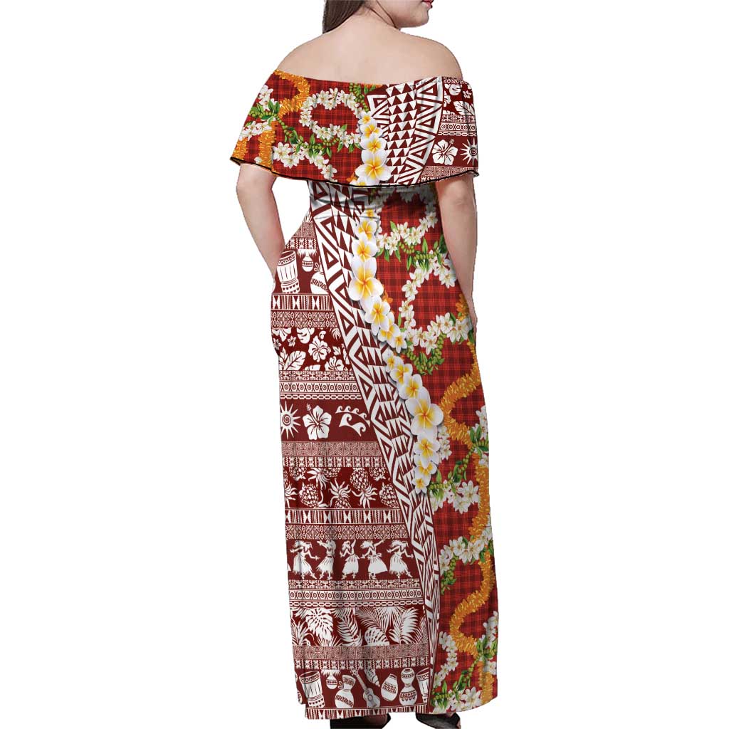 Hawaiian Plumeria Lei Family Matching Off Shoulder Maxi Dress and Hawaiian Shirt Kakau Motifs and Palaka Half Style Red Color - Polynesian Pride