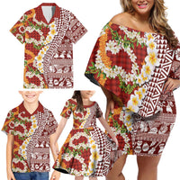 Hawaiian Plumeria Lei Family Matching Off Shoulder Short Dress and Hawaiian Shirt Kakau Motifs and Palaka Half Style Red Color - Polynesian Pride