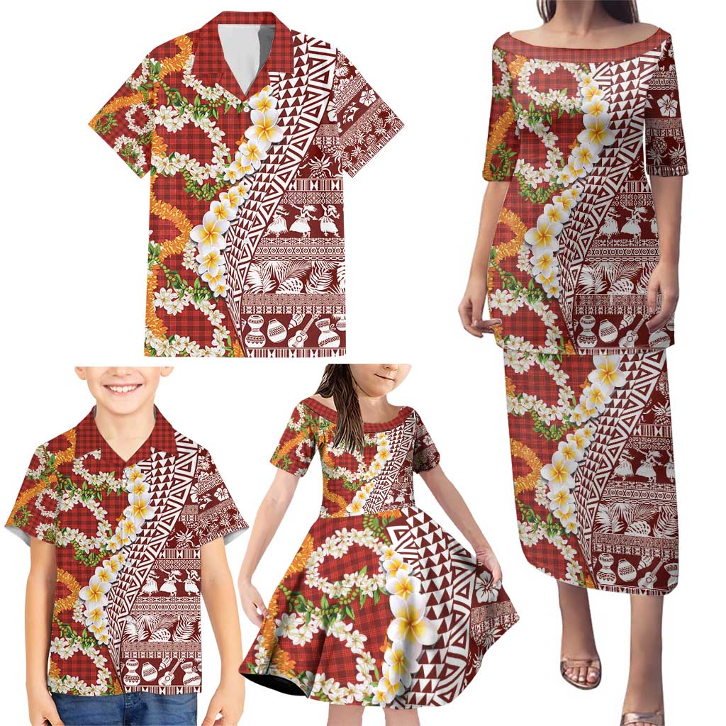 Hawaiian Plumeria Lei Family Matching Puletasi and Hawaiian Shirt Kakau Motifs and Palaka Half Style Red Color - Polynesian Pride