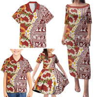 Hawaiian Plumeria Lei Family Matching Puletasi and Hawaiian Shirt Kakau Motifs and Palaka Half Style Red Color - Polynesian Pride