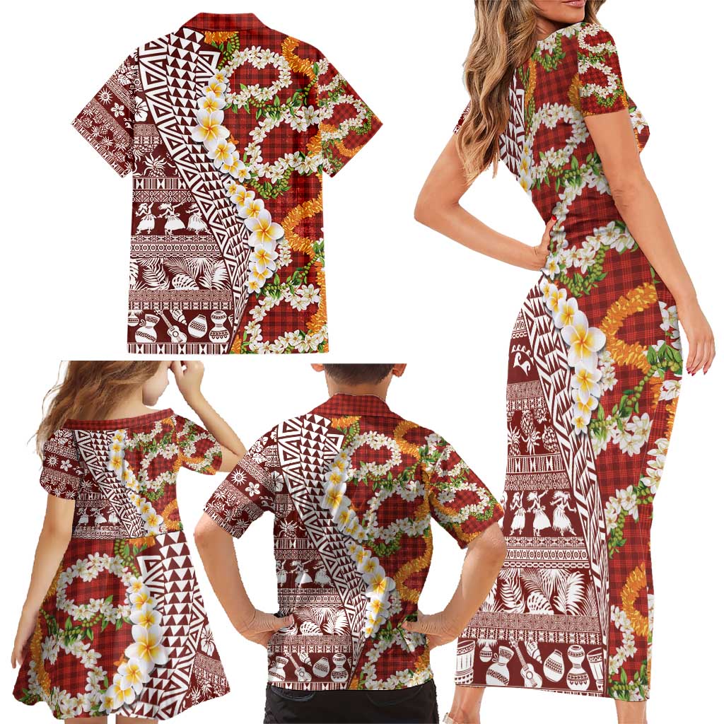 Hawaiian Plumeria Lei Family Matching Short Sleeve Bodycon Dress and Hawaiian Shirt Kakau Motifs and Palaka Half Style Red Color - Polynesian Pride