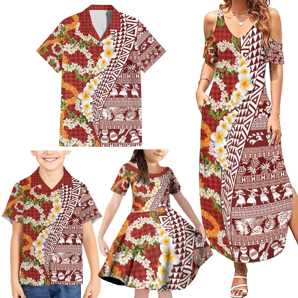 Hawaiian Plumeria Lei Family Matching Summer Maxi Dress and Hawaiian Shirt Kakau Motifs and Palaka Half Style Red Color - Polynesian Pride