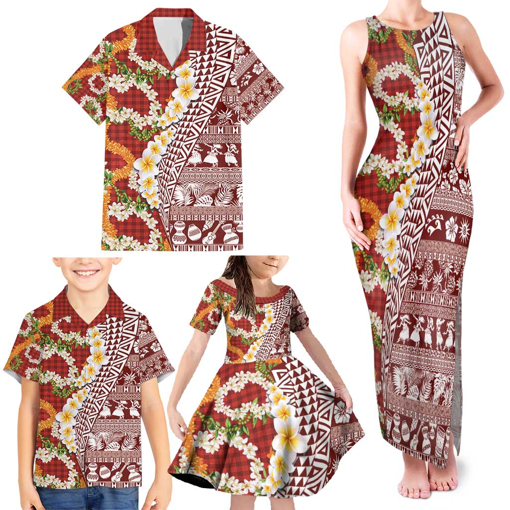 Hawaiian Plumeria Lei Family Matching Tank Maxi Dress and Hawaiian Shirt Kakau Motifs and Palaka Half Style Red Color - Polynesian Pride