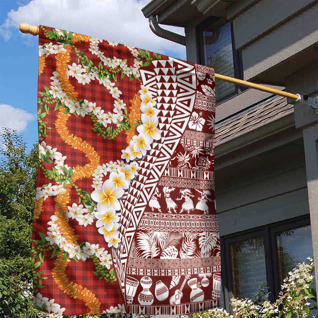 Hawaiian Plumeria Lei Garden Flag Kakau Motifs and Palaka Half Style Red Color - Polynesian Pride