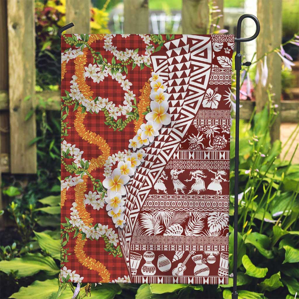 Hawaiian Plumeria Lei Garden Flag Kakau Motifs and Palaka Half Style Red Color - Polynesian Pride