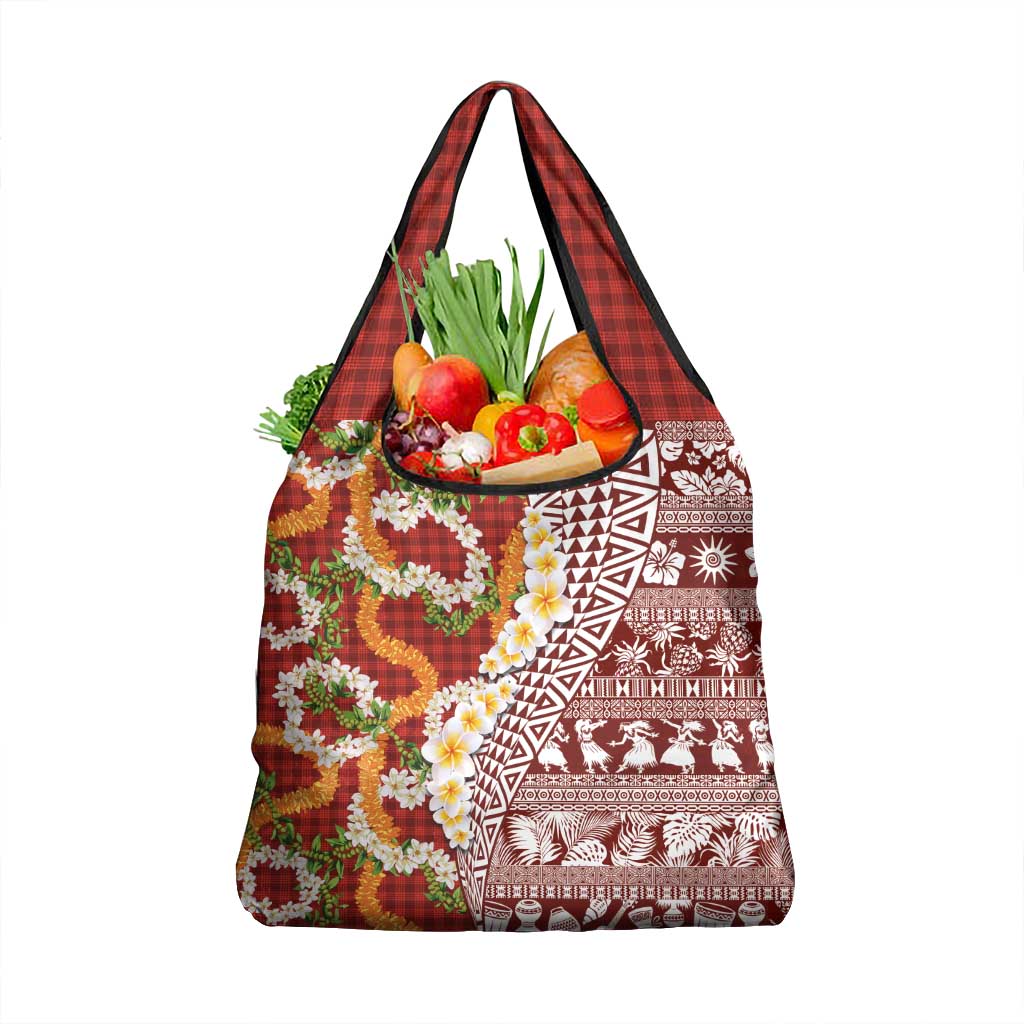 Hawaiian Plumeria Lei Grocery Bag Kakau Motifs and Palaka Half Style Red Color - Polynesian Pride