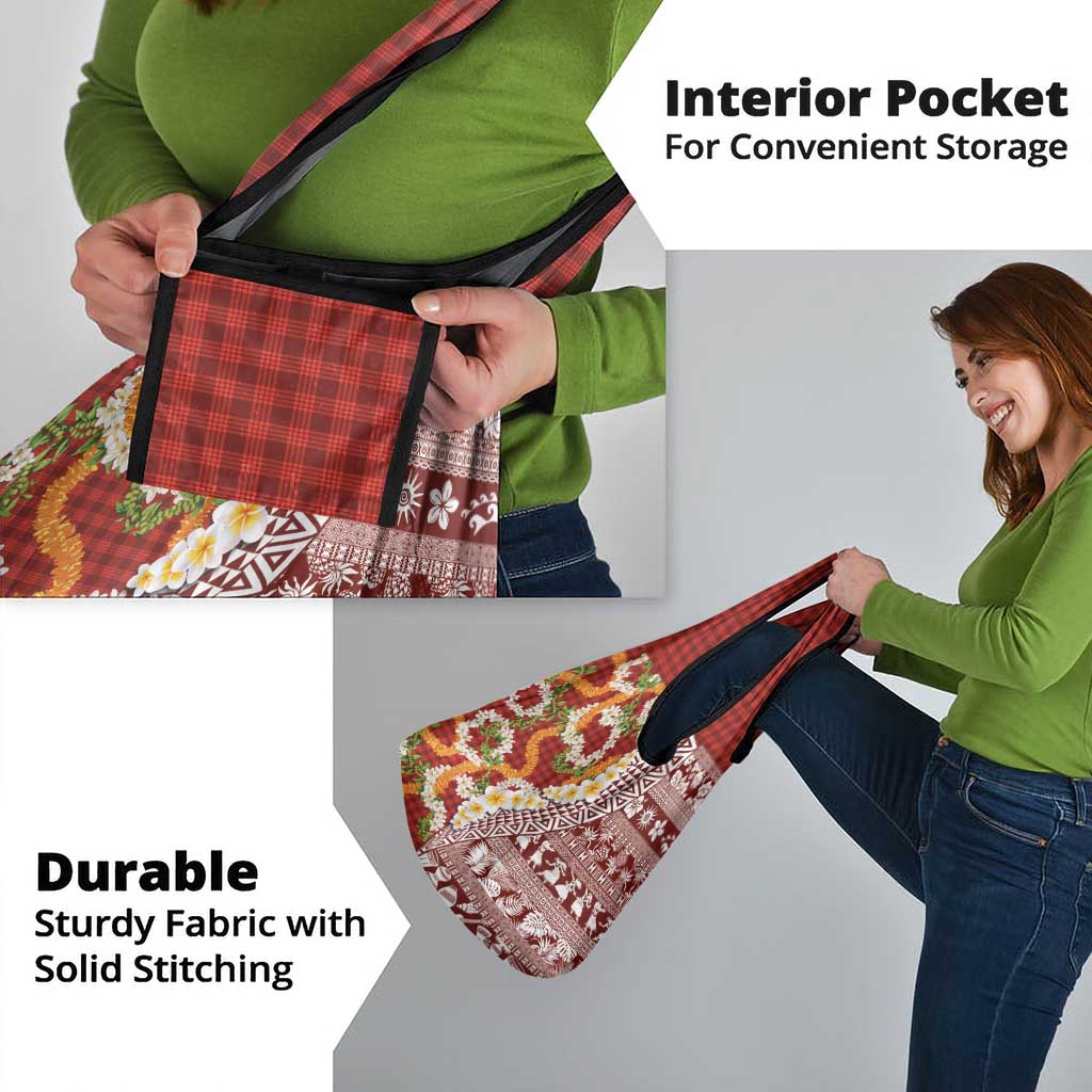 Hawaiian Plumeria Lei Grocery Bag Kakau Motifs and Palaka Half Style Red Color - Polynesian Pride