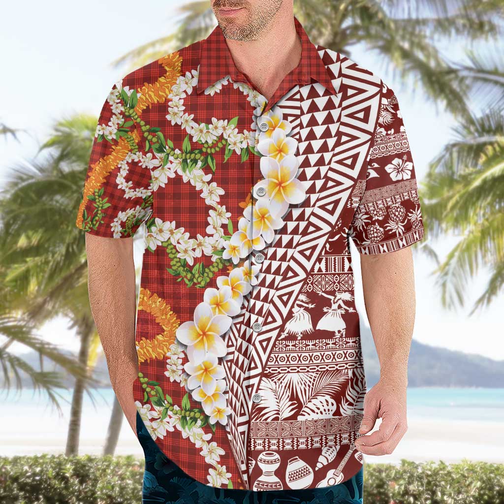 Hawaiian Plumeria Lei Hawaiian Shirt Kakau Motifs and Palaka Half Style Red Color - Polynesian Pride