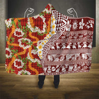 Hawaiian Plumeria Lei Hooded Blanket Kakau Motifs and Palaka Half Style Red Color - Polynesian Pride