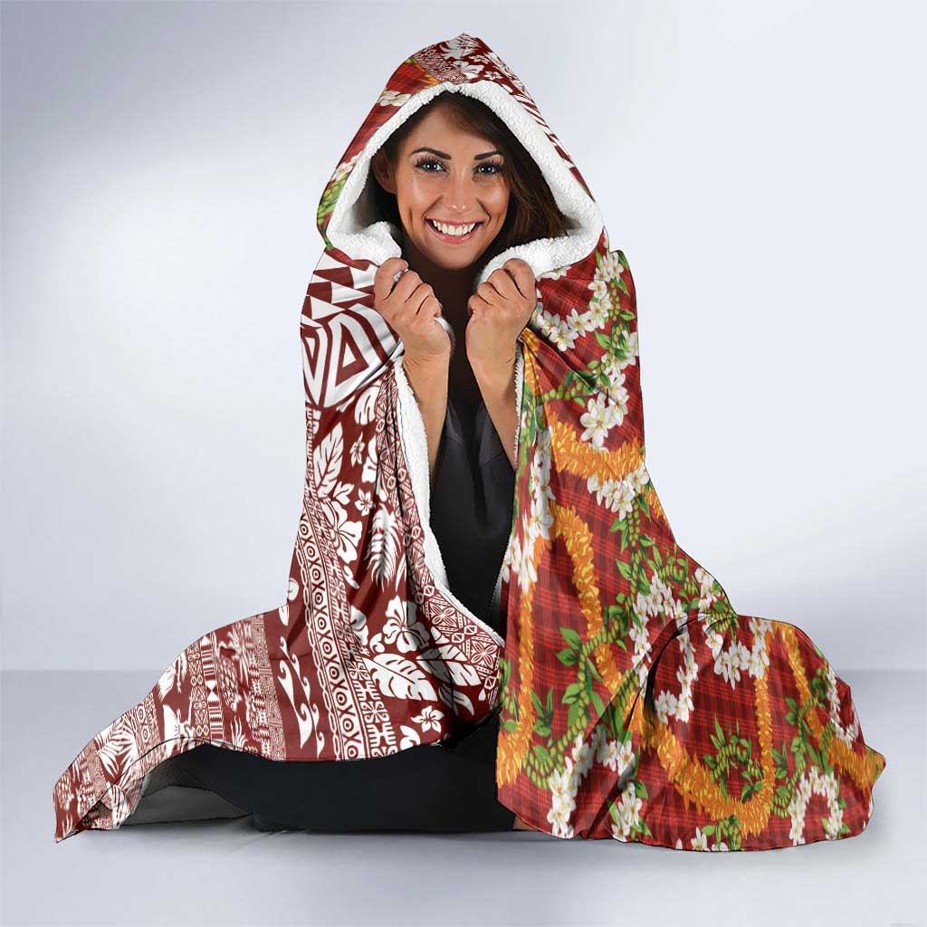 Hawaiian Plumeria Lei Hooded Blanket Kakau Motifs and Palaka Half Style Red Color - Polynesian Pride