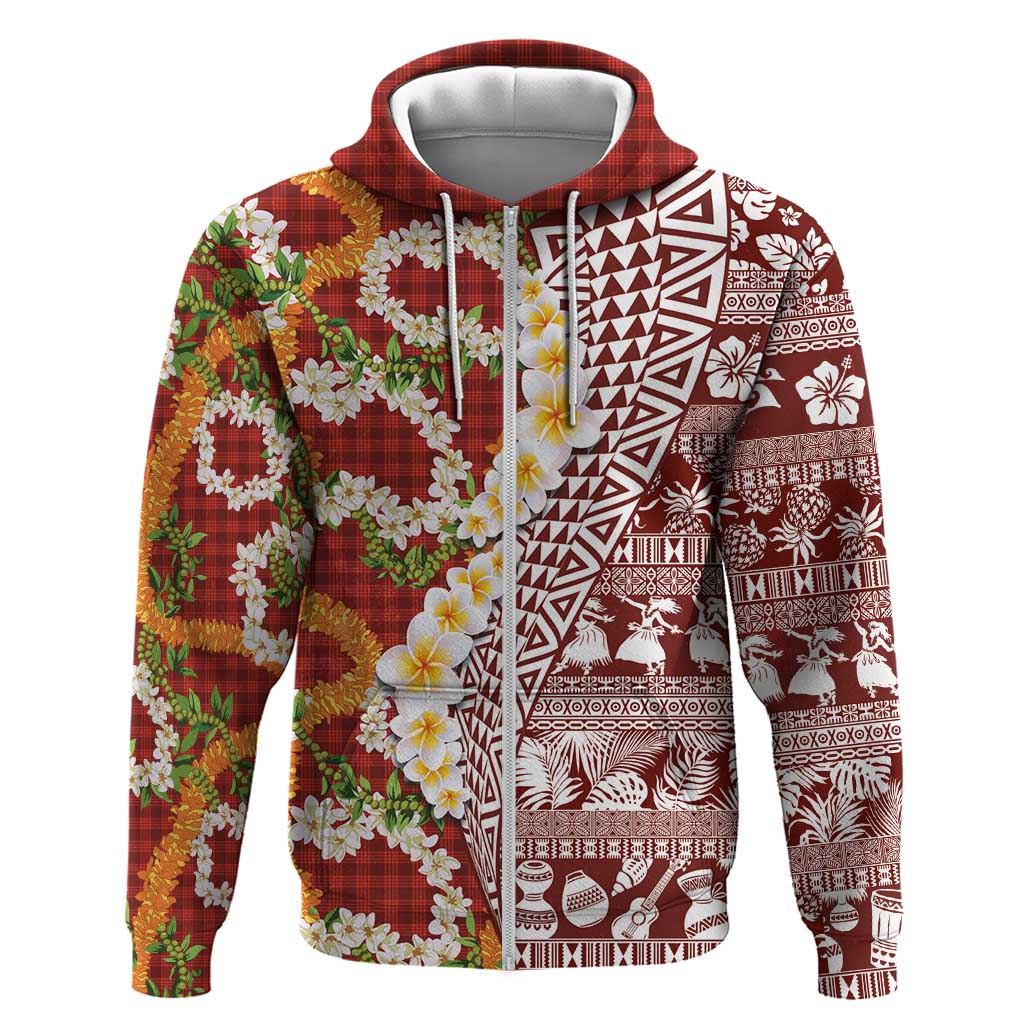 Hawaiian Plumeria Lei Hoodie Kakau Motifs and Palaka Half Style Red Color - Polynesian Pride