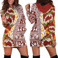 Hawaiian Plumeria Lei Hoodie Dress Kakau Motifs and Palaka Half Style Red Color - Polynesian Pride