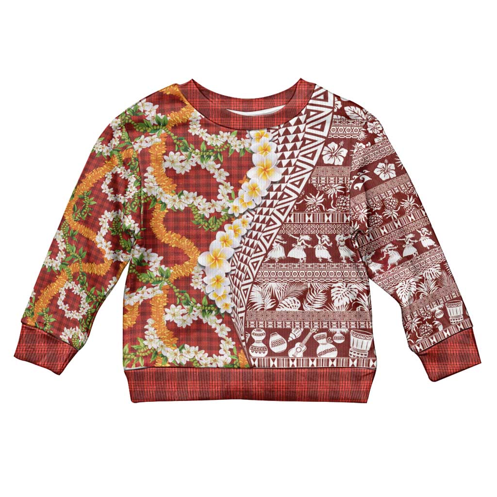 Hawaiian Plumeria Lei Kid Ugly Christmas Sweater Kakau Motifs and Palaka Half Style Red Color - Polynesian Pride