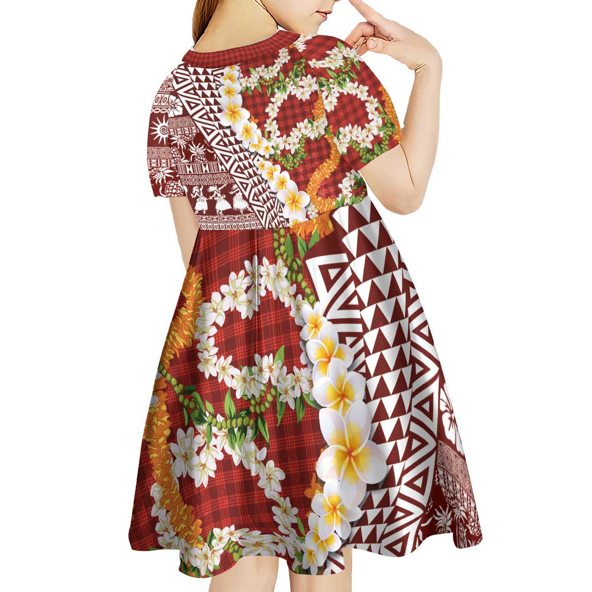 Hawaiian Plumeria Lei Kid Short Sleeve Dress Kakau Motifs and Palaka Half Style Red Color - Polynesian Pride