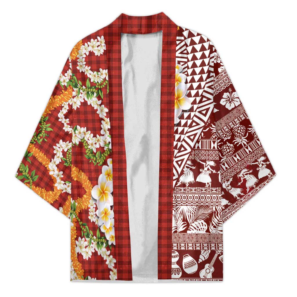 Hawaiian Plumeria Lei Kimono Kakau Motifs and Palaka Half Style Red Color - Polynesian Pride