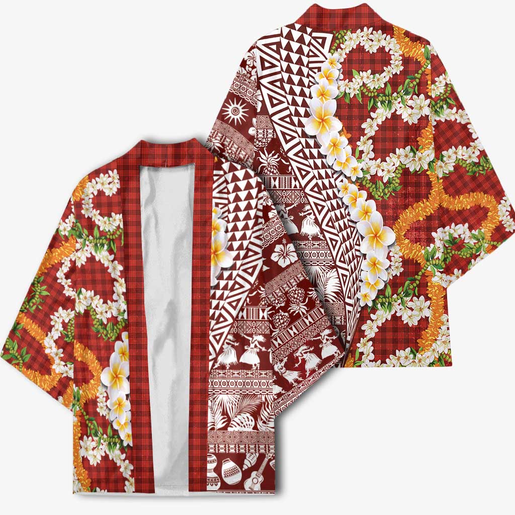 Hawaiian Plumeria Lei Kimono Kakau Motifs and Palaka Half Style Red Color - Polynesian Pride