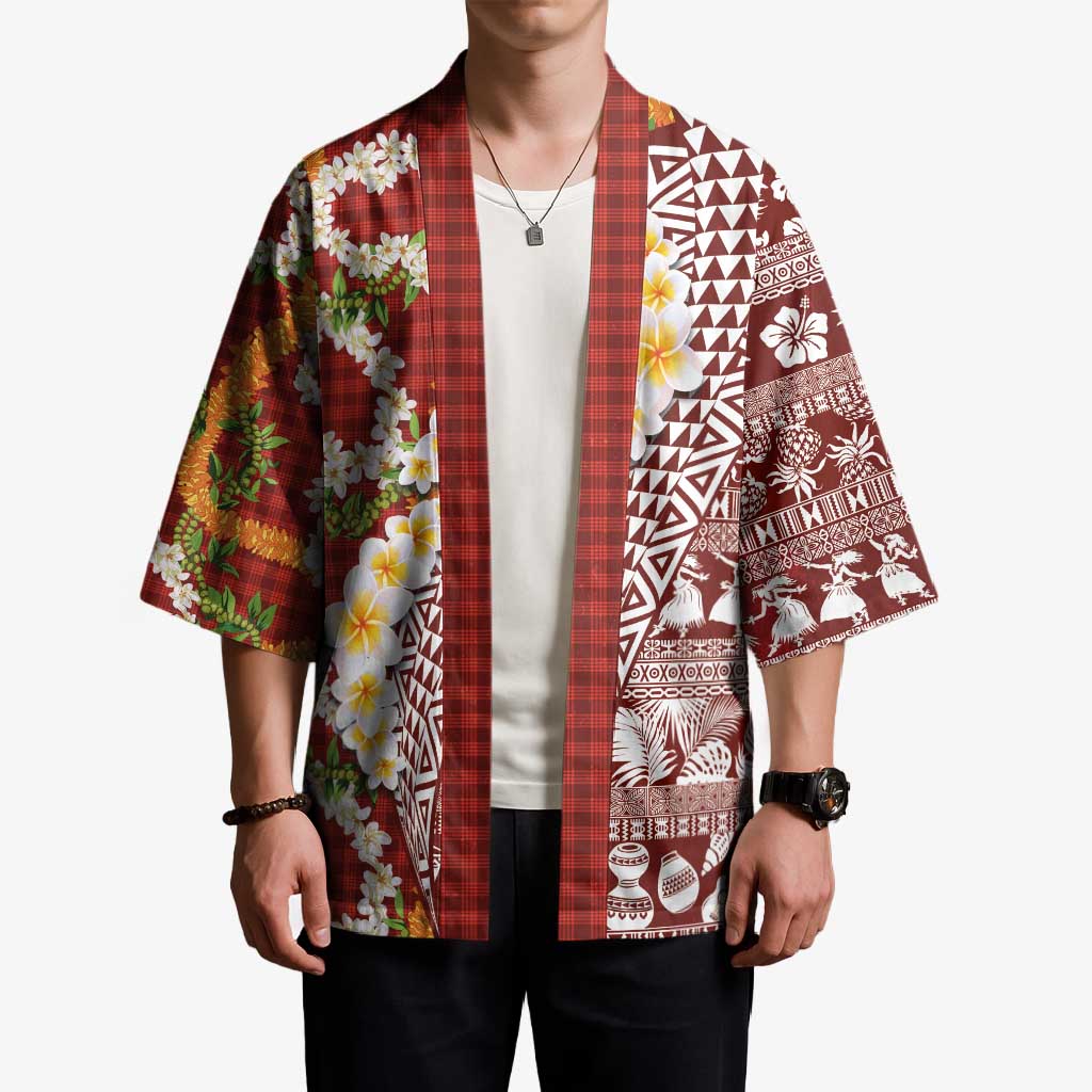 Hawaiian Plumeria Lei Kimono Kakau Motifs and Palaka Half Style Red Color - Polynesian Pride