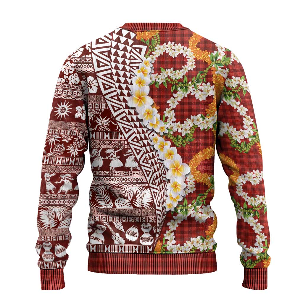 Hawaiian Plumeria Lei Ugly Christmas Sweater Kakau Motifs and Palaka Half Style Red Color - Polynesian Pride