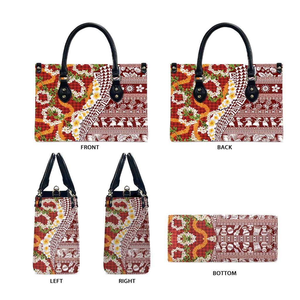 Hawaiian Plumeria Lei Leather Bag Kakau Motifs and Palaka Half Style Red Color - Polynesian Pride