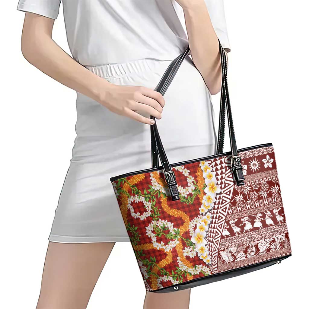 Hawaiian Plumeria Lei Leather Tote Bag Kakau Motifs and Palaka Half Style Red Color - Polynesian Pride