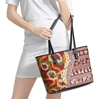 Hawaiian Plumeria Lei Leather Tote Bag Kakau Motifs and Palaka Half Style Red Color - Polynesian Pride