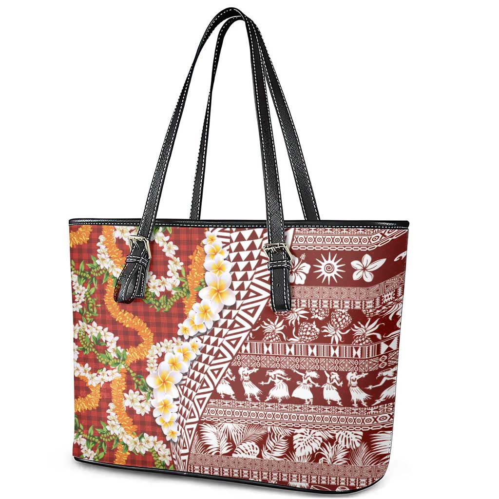 Hawaiian Plumeria Lei Leather Tote Bag Kakau Motifs and Palaka Half Style Red Color - Polynesian Pride
