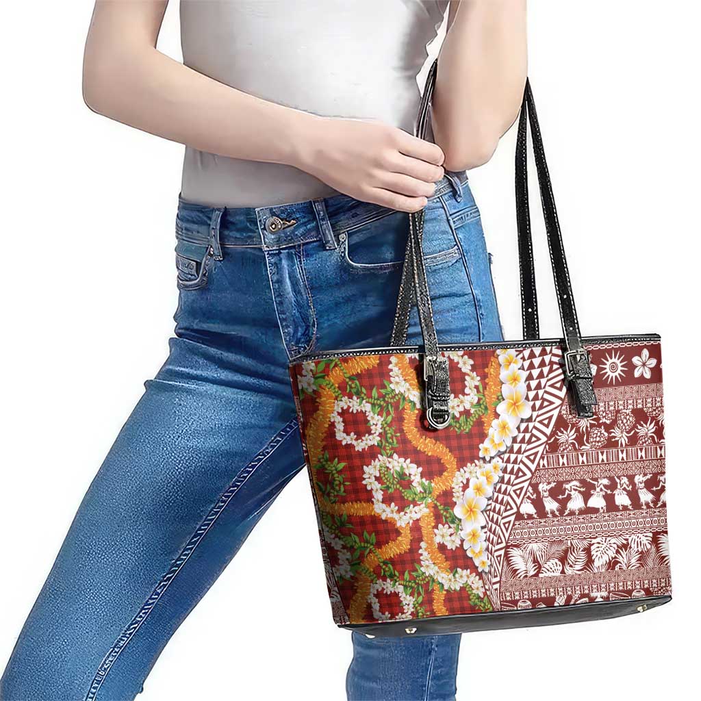 Hawaiian Plumeria Lei Leather Tote Bag Kakau Motifs and Palaka Half Style Red Color - Polynesian Pride