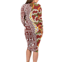 Hawaiian Plumeria Lei Long Sleeve Bodycon Dress Kakau Motifs and Palaka Half Style Red Color - Polynesian Pride
