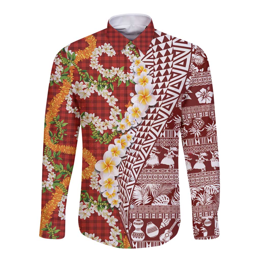 Hawaiian Plumeria Lei Long Sleeve Button Shirt Kakau Motifs and Palaka Half Style Red Color - Polynesian Pride