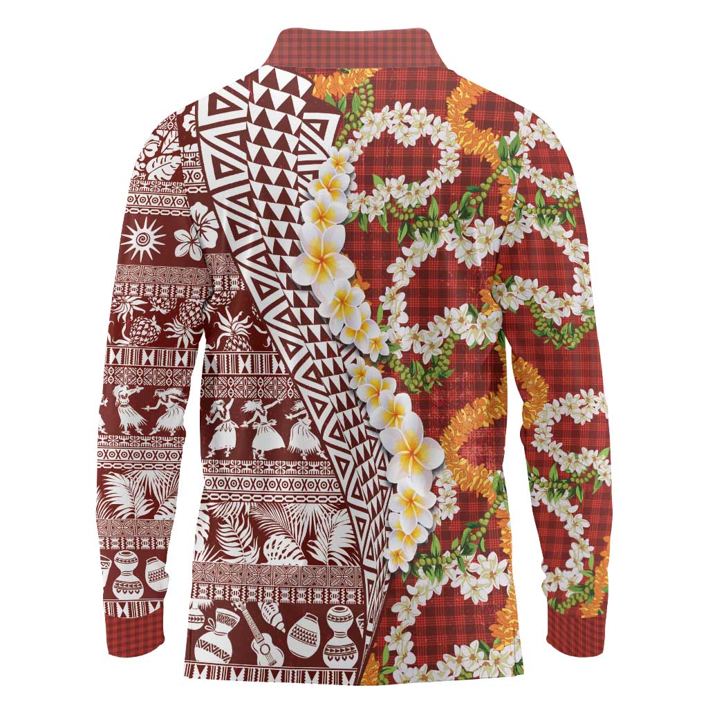 Hawaiian Plumeria Lei Long Sleeve Polo Shirt Kakau Motifs and Palaka Half Style Red Color - Polynesian Pride