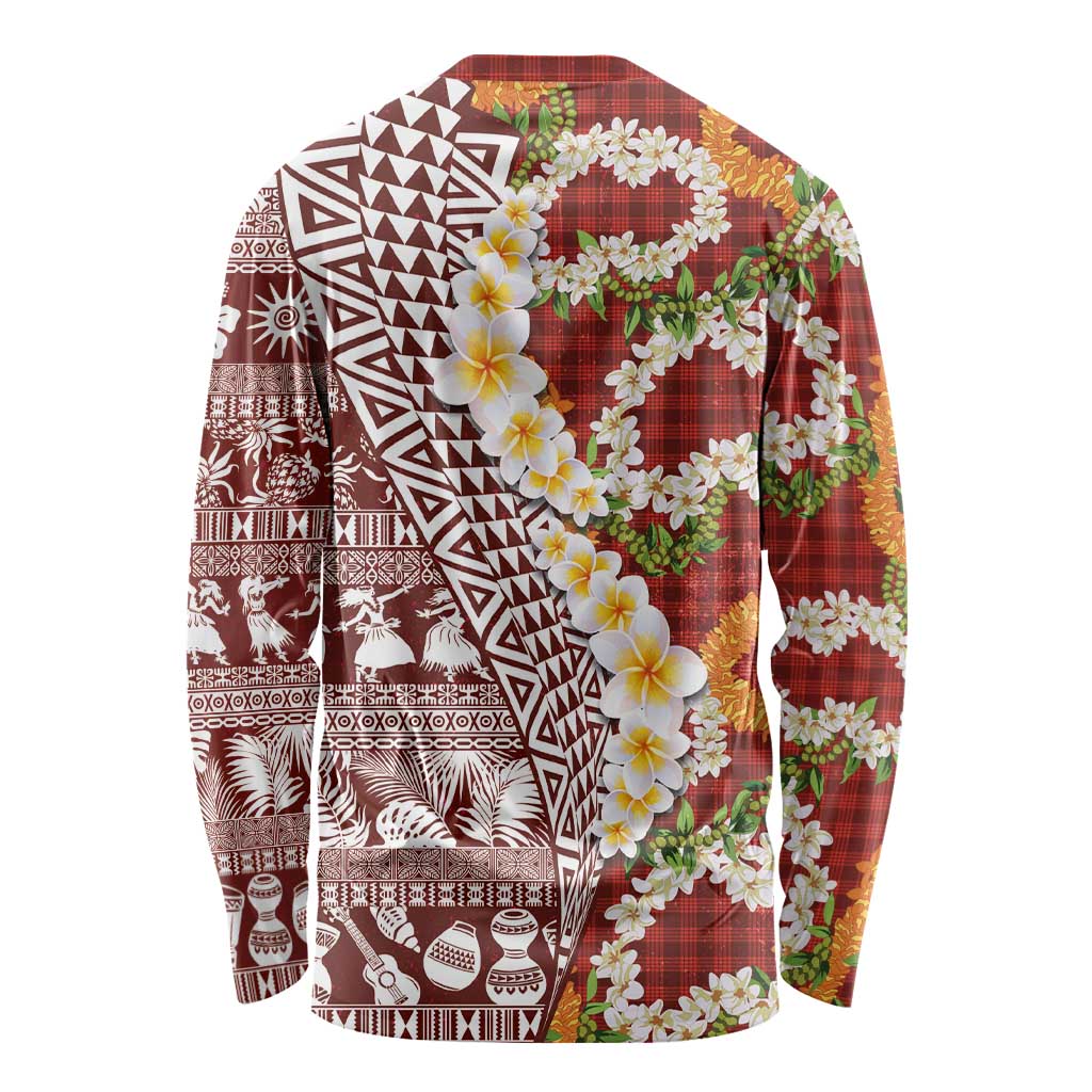 Hawaiian Plumeria Lei Long Sleeve Shirt Kakau Motifs and Palaka Half Style Red Color - Polynesian Pride