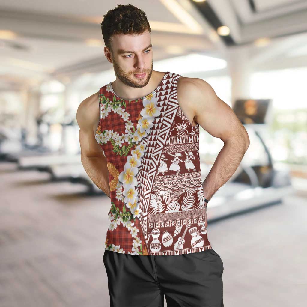 Hawaiian Plumeria Lei Men Tank Top Kakau Motifs and Palaka Half Style Red Color - Polynesian Pride