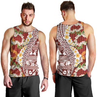 Hawaiian Plumeria Lei Men Tank Top Kakau Motifs and Palaka Half Style Red Color - Polynesian Pride
