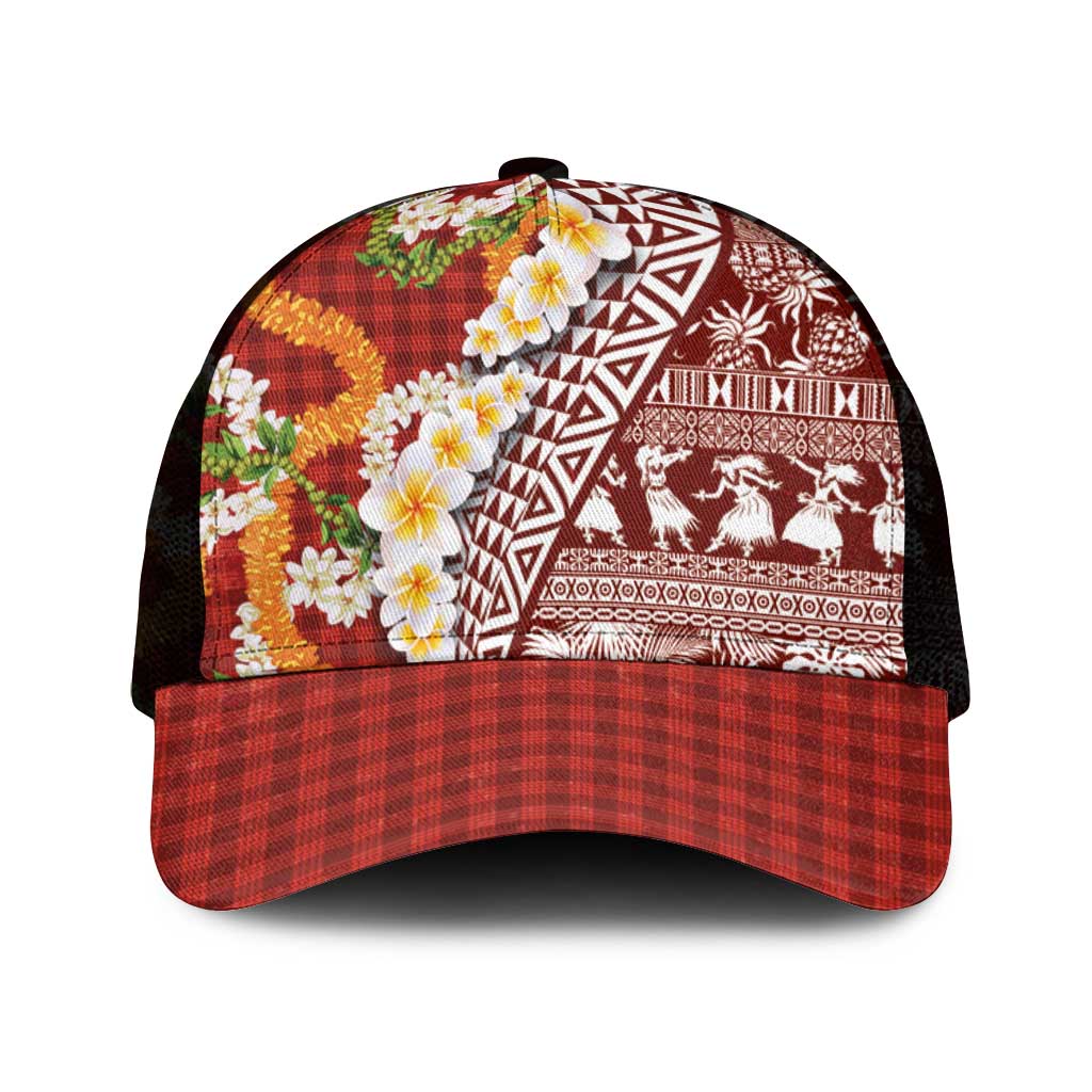 Hawaiian Plumeria Lei Mesh Trucker Cap Kakau Motifs and Palaka Half Style Red Color - Polynesian Pride