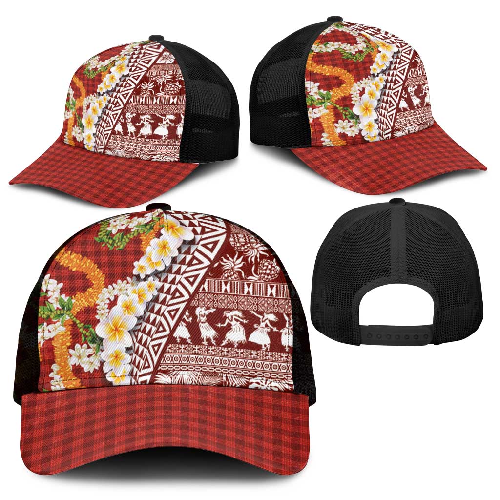 Hawaiian Plumeria Lei Mesh Trucker Cap Kakau Motifs and Palaka Half Style Red Color - Polynesian Pride