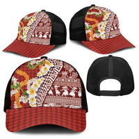 Hawaiian Plumeria Lei Mesh Trucker Cap Kakau Motifs and Palaka Half Style Red Color - Polynesian Pride